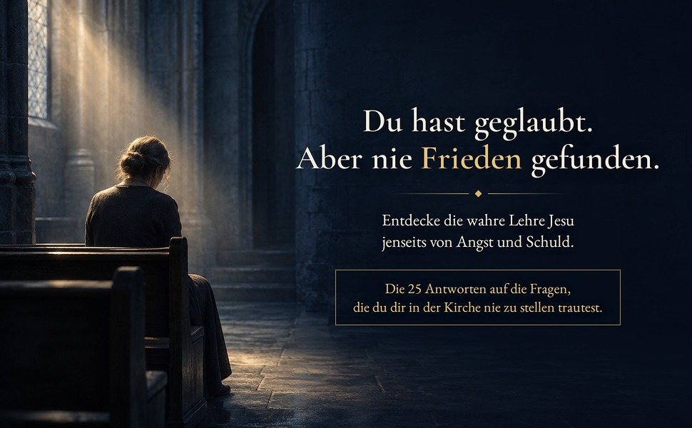 Eine Frau sitzt allein in einer Kirchenbank im einfallenden Licht, dazu der Text: Geglaubt und doch nie Frieden gefunden? Die wahre Lehre Jesu jenseits von Angst und Schuld. Die 25 Antworten auf die Fragen, die man sich in der Kirche nie zu stellen traute.