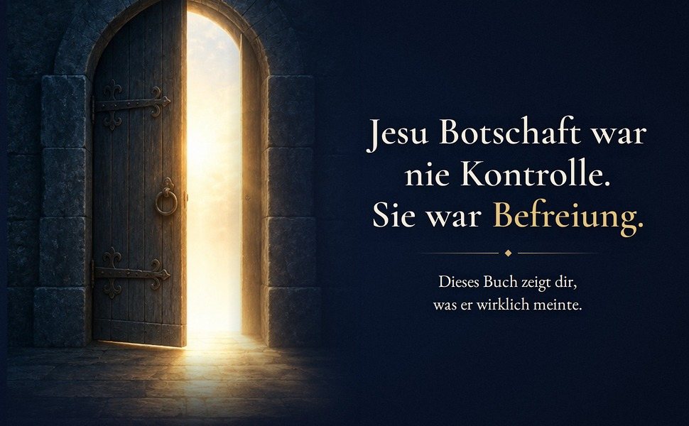 Eine alte Holztür steht einen Spalt offen, helles Licht fällt hindurch, dazu der Text: Jesu Botschaft war nie Kontrolle. Sie war Befreiung. Dieses Buch zeigt, was er wirklich meinte.
