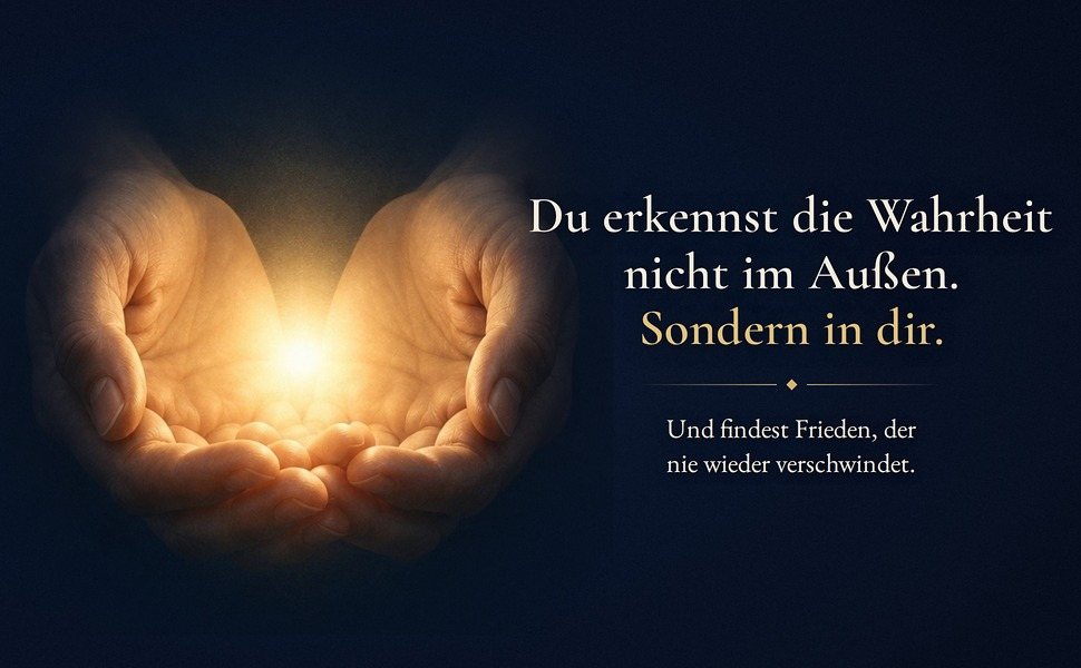 Zwei geöffnete Hände halten ein warmes Licht, dazu der Text: Die Wahrheit erkennst du nicht im Außen, sondern in dir. Und findest Frieden, der nie wieder verschwindet.