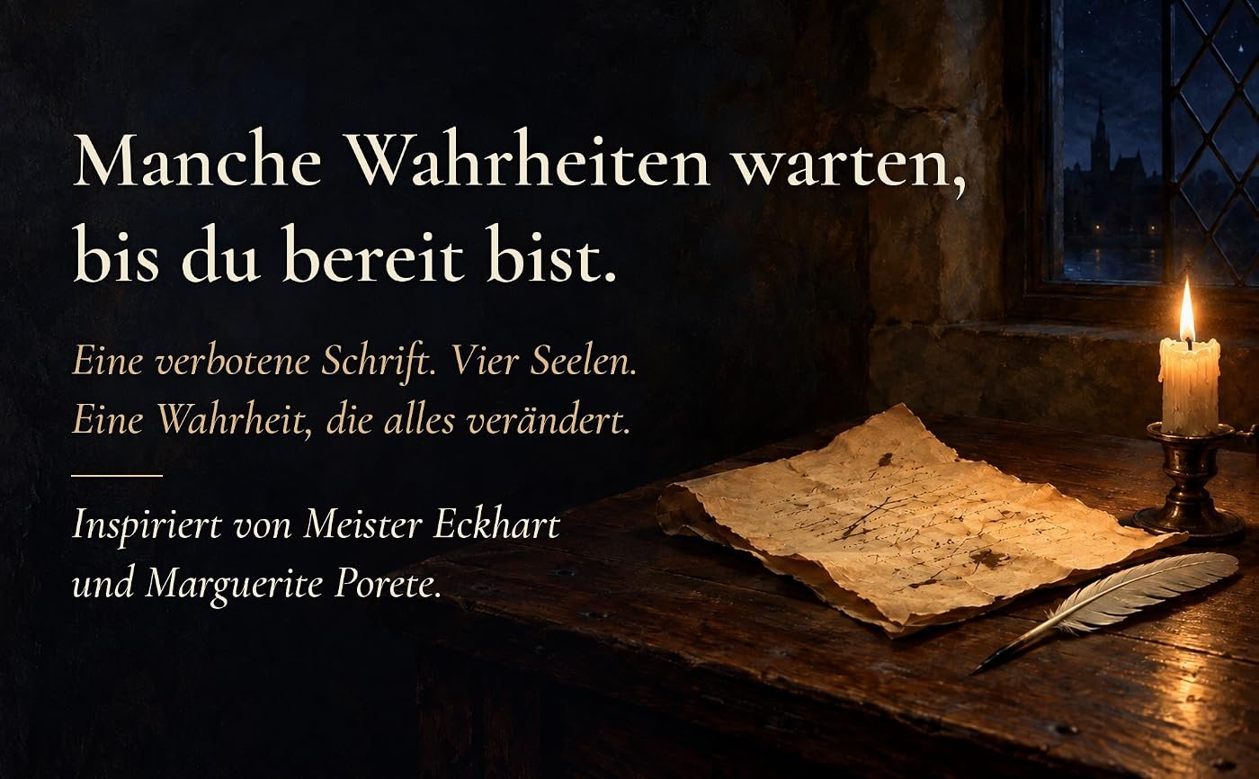 Altes Pergament mit Feder im Kerzenlicht vor einem nächtlichen Fenster, dazu der Text: Manche Wahrheiten warten, bis du bereit bist. Eine verbotene Schrift. Vier Seelen. Eine Wahrheit, die alles verändert. Inspiriert von Meister Eckhart und Marguerite Porete.