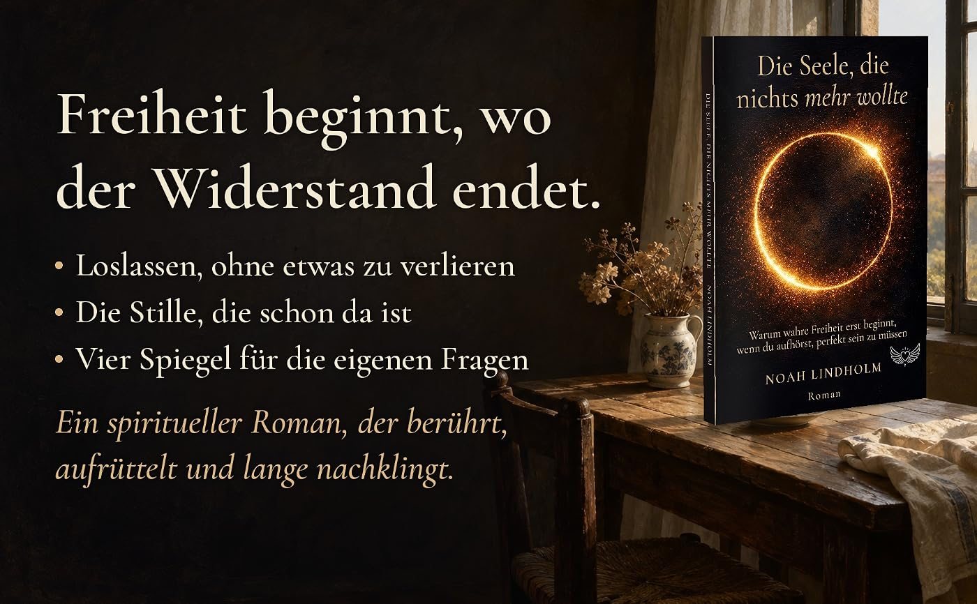 Das Buch Die Seele, die nichts mehr wollte auf einem Holztisch am Fenster, dazu der Text: Freiheit beginnt, wo der Widerstand endet. Loslassen, ohne etwas zu verlieren. Die Stille, die schon da ist. Vier Spiegel für die eigenen Fragen. Ein spiritueller Roman, der berührt, aufrüttelt und lange nachklingt.
