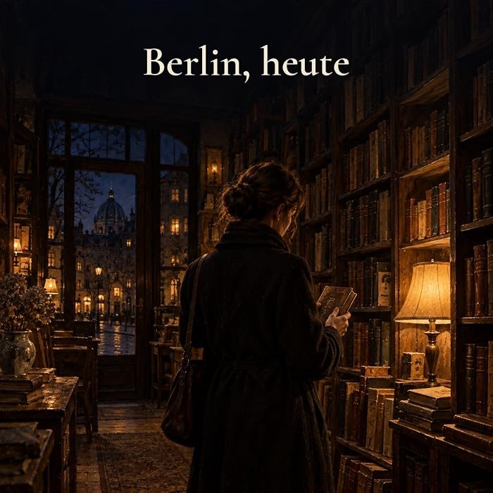Gemaltes Bild: Eine Frau im Mantel hält in einem warm beleuchteten Antiquariat ein altes Buch in den Händen, draußen liegt das abendliche Berlin.