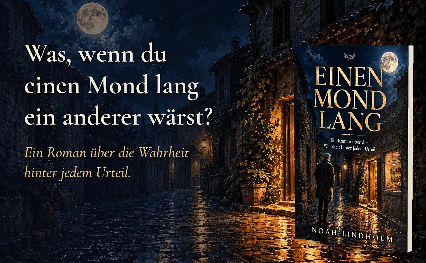 Buch Einen Mond lang in einer nächtlichen Gasse unter dem Vollmond, daneben der Text: Was, wenn du einen Mond lang ein anderer wärst? Ein Roman über die Wahrheit hinter jedem Urteil.