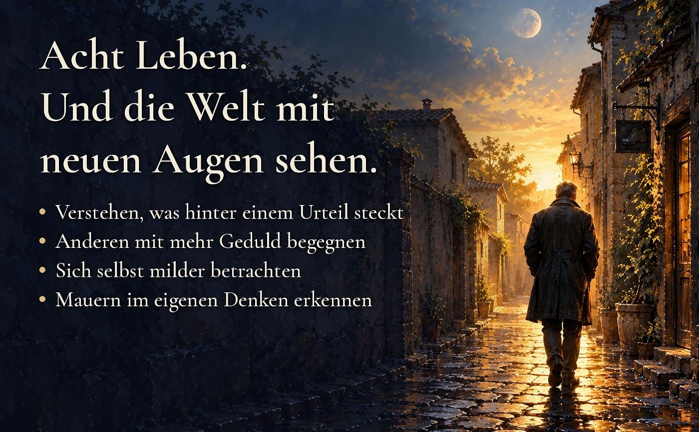 Ein Mann im Mantel geht durch eine Gasse ins Morgenlicht, daneben der Text: Acht Leben. Und die Welt mit neuen Augen sehen. Verstehen, was hinter einem Urteil steckt. Anderen mit mehr Geduld begegnen. Sich selbst milder betrachten. Mauern im eigenen Denken erkennen.