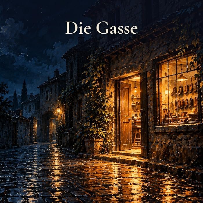 Gemaltes Bild: eine regennasse Gasse bei Nacht, die Tür einer Schuhmacherwerkstatt steht offen und leuchtet warm