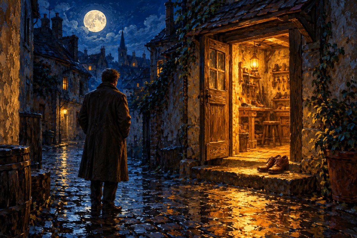 Gemaltes Bild: Ein Mann im Mantel steht nachts in einer regennassen Gasse vor der erleuchteten Tür einer kleinen Schuhmacherwerkstatt, über den Dächern der Vollmond.
