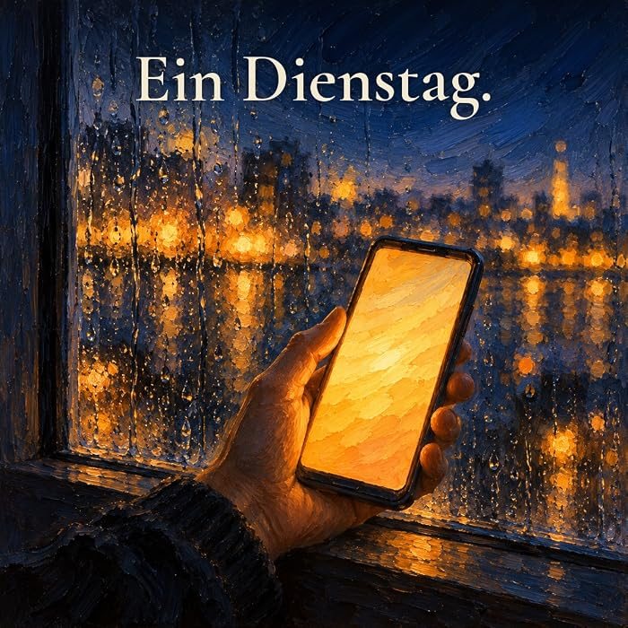 Gemaltes Bild: Eine Hand hält ein leuchtendes Handy vor einem regennassen Fenster, dahinter die Lichter der Stadt.