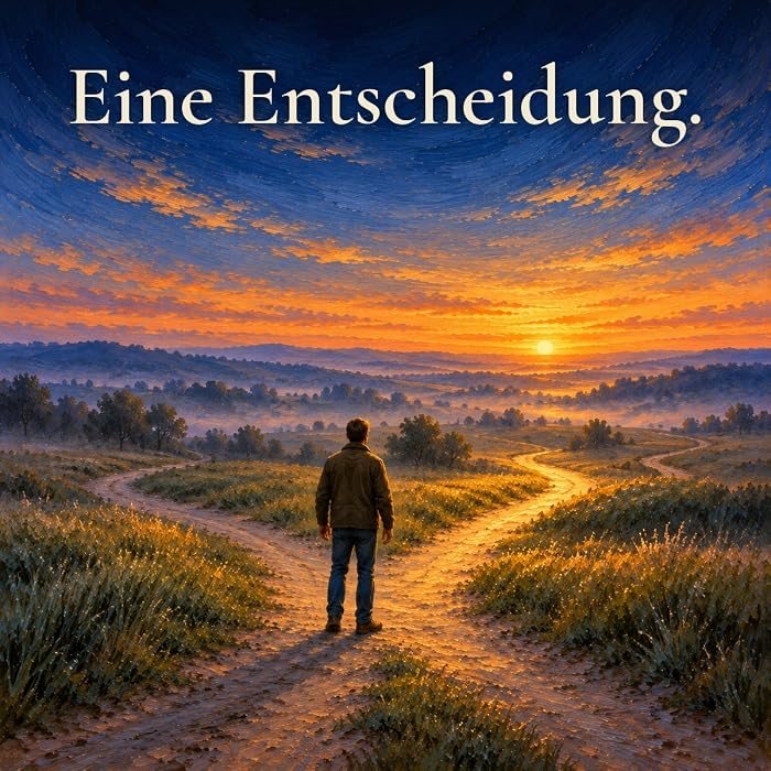 Gemaltes Bild: Ein Mann steht im Sonnenaufgang an einer Weggabelung zwischen Wiesen.