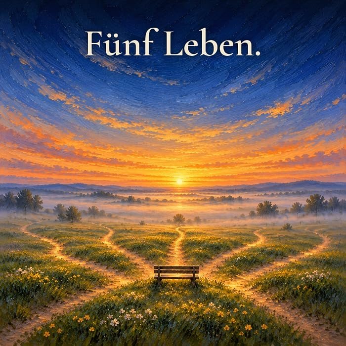 Gemaltes Bild: Eine leere Bank auf einer Wiese, von der fünf Wege in den Sonnenaufgang führen.