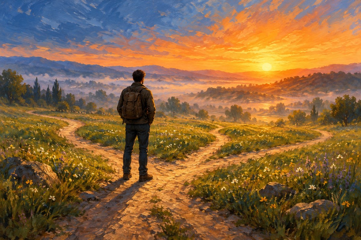 Gemaltes Bild: Ein Mann steht in der Abenddämmerung an einer Weggabelung auf einer blühenden Wiese, mehrere Pfade führen in den goldenen Horizont.