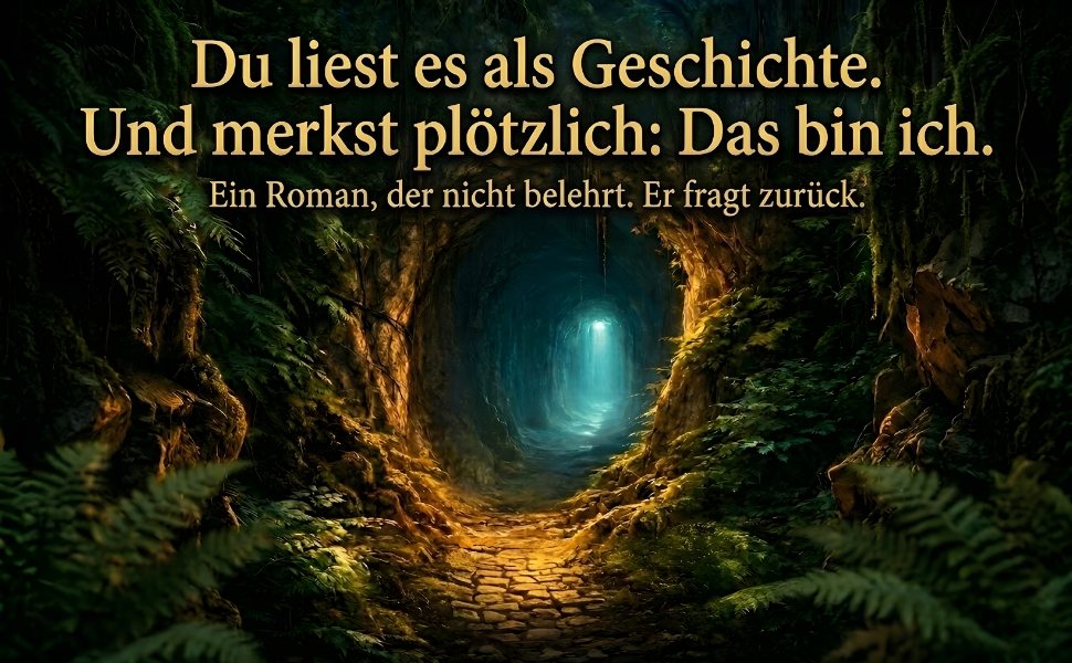 Ein von Farnen gesäumter Steinweg führt in einen Tunnel mit blauem Licht, dazu der Text: Du liest es als Geschichte. Und merkst plötzlich: Das bin ich. Ein Roman, der nicht belehrt. Er fragt zurück.