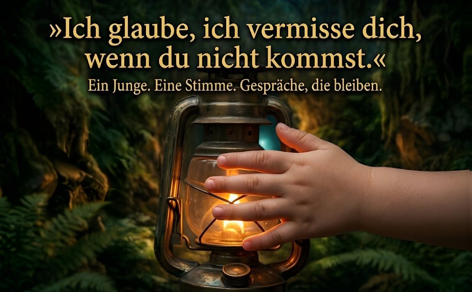 Eine Kinderhand liegt auf einer brennenden Öllaterne zwischen Farnen, dazu der Text: Ich glaube, ich vermisse dich, wenn du nicht kommst. Ein Junge. Eine Stimme. Gespräche, die bleiben.