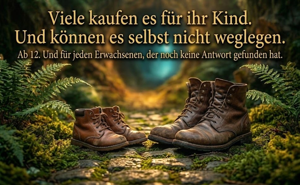 Ein Paar kleine Kinderstiefel neben einem Paar großen, abgetragenen Stiefeln auf einem moosigen Weg, dazu der Text: Viele kaufen es für ihr Kind. Und können es selbst nicht weglegen. Ab 12. Und für jeden Erwachsenen, der noch keine Antwort gefunden hat.