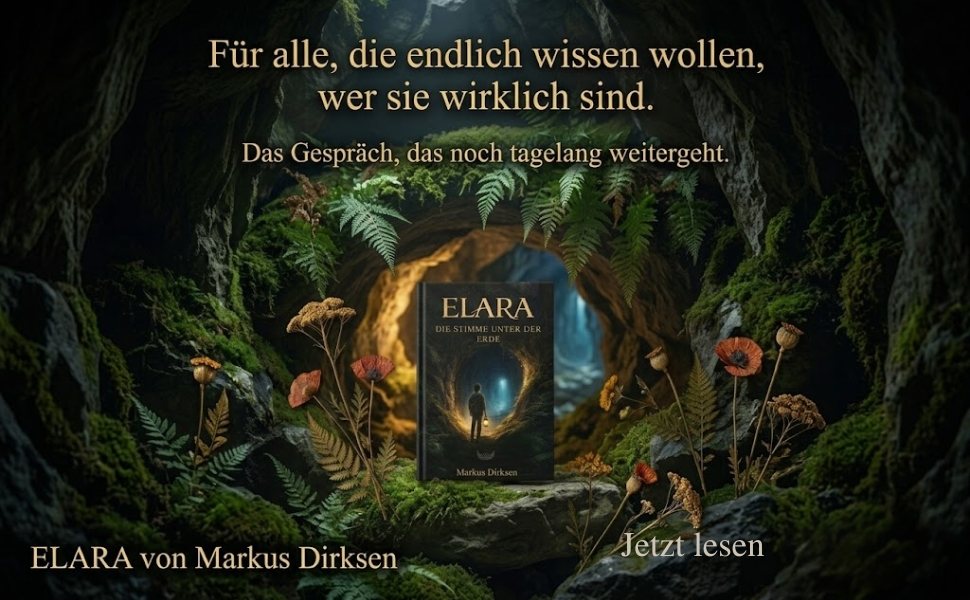 Das Buch Elara in einer moosbewachsenen Höhle zwischen Farnen und Mohnblumen, dazu der Text: Für alle, die endlich wissen wollen, wer sie wirklich sind. Das Gespräch, das noch tagelang weitergeht. Elara von Markus Dirksen.