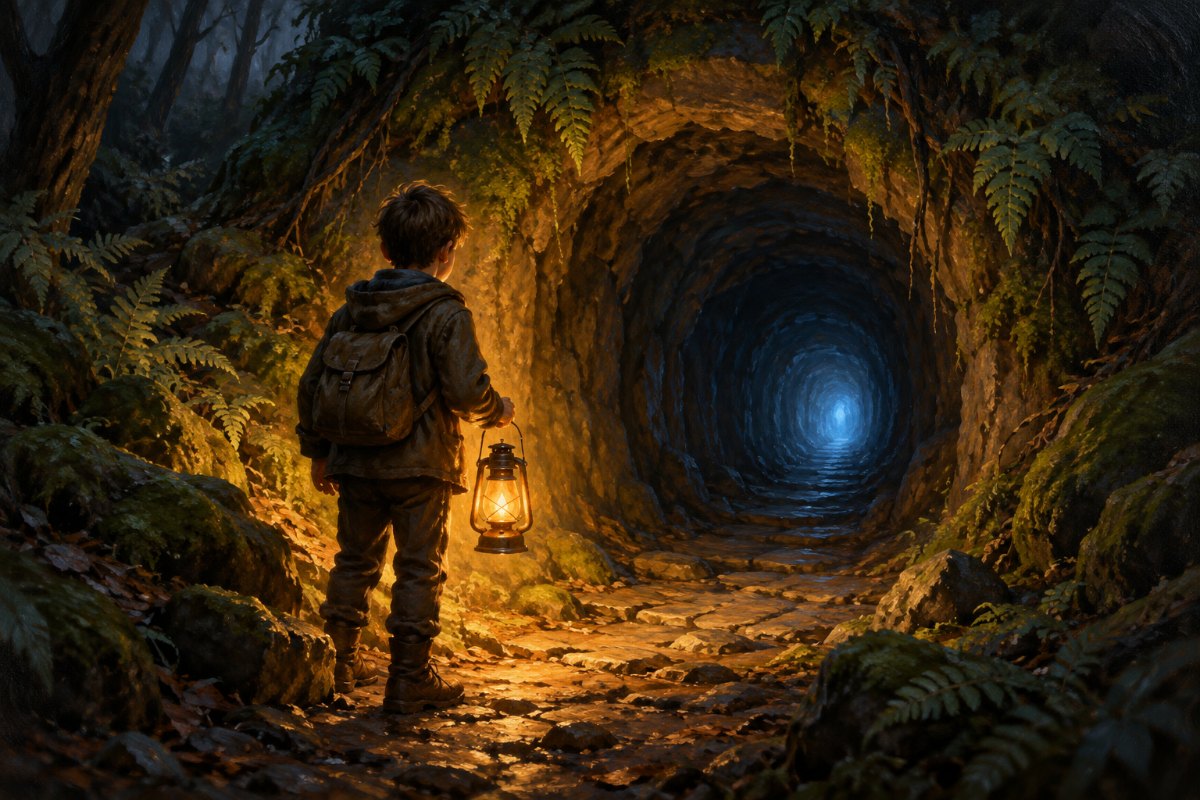 Gemaltes Bild: Ein Junge mit einer Laterne steht von hinten gesehen vor einem farnbewachsenen Tunnel, der tief unter die Erde führt, an dessen Ende ein blaues Licht schimmert.