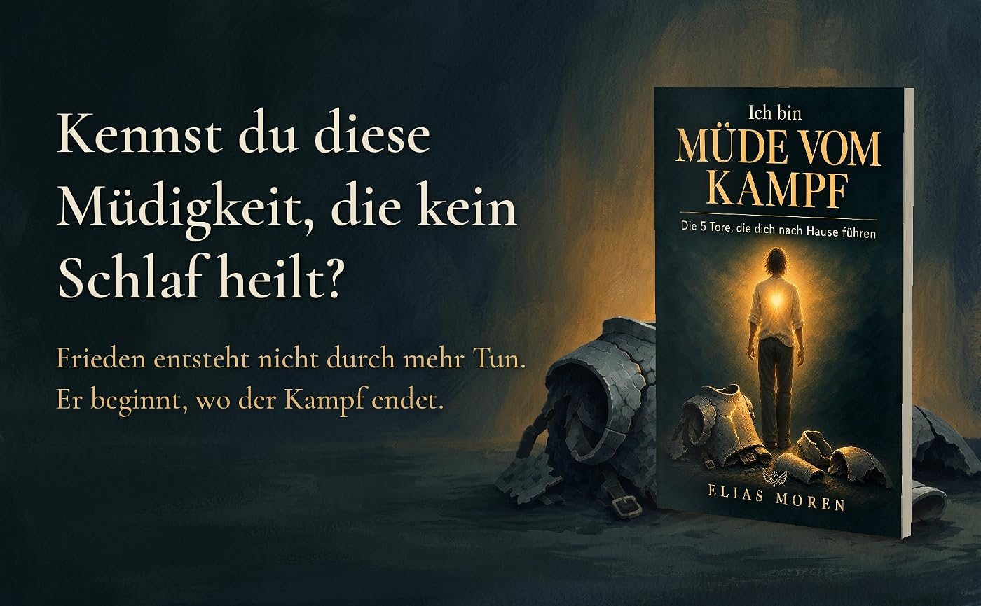Buch Ich bin müde vom Kampf neben einer abgelegten Rüstung, dazu der Text: Kennst du diese Müdigkeit, die kein Schlaf heilt? Frieden entsteht nicht durch mehr Tun. Er beginnt, wo der Kampf endet.