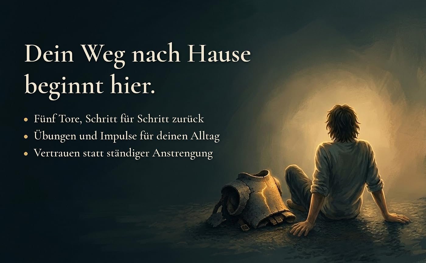 Gemaltes Bild: ein Mensch sitzt neben seiner abgelegten Rüstung im warmen Licht, dazu der Text: Dein Weg nach Hause beginnt hier. Fünf Tore, Schritt für Schritt zurück. Übungen und Impulse für deinen Alltag. Vertrauen statt ständiger Anstrengung.