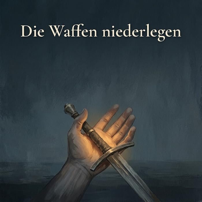 Gemaltes Bild: eine offene Hand hält locker ein Schwert, darüber der Text: Die Waffen niederlegen