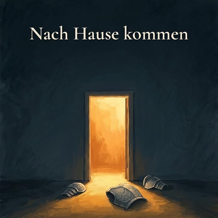 Gemaltes Bild: eine offene Tür voller warmem Licht, davor liegen abgelegte Rüstungsteile, darüber der Text: Nach Hause kommen