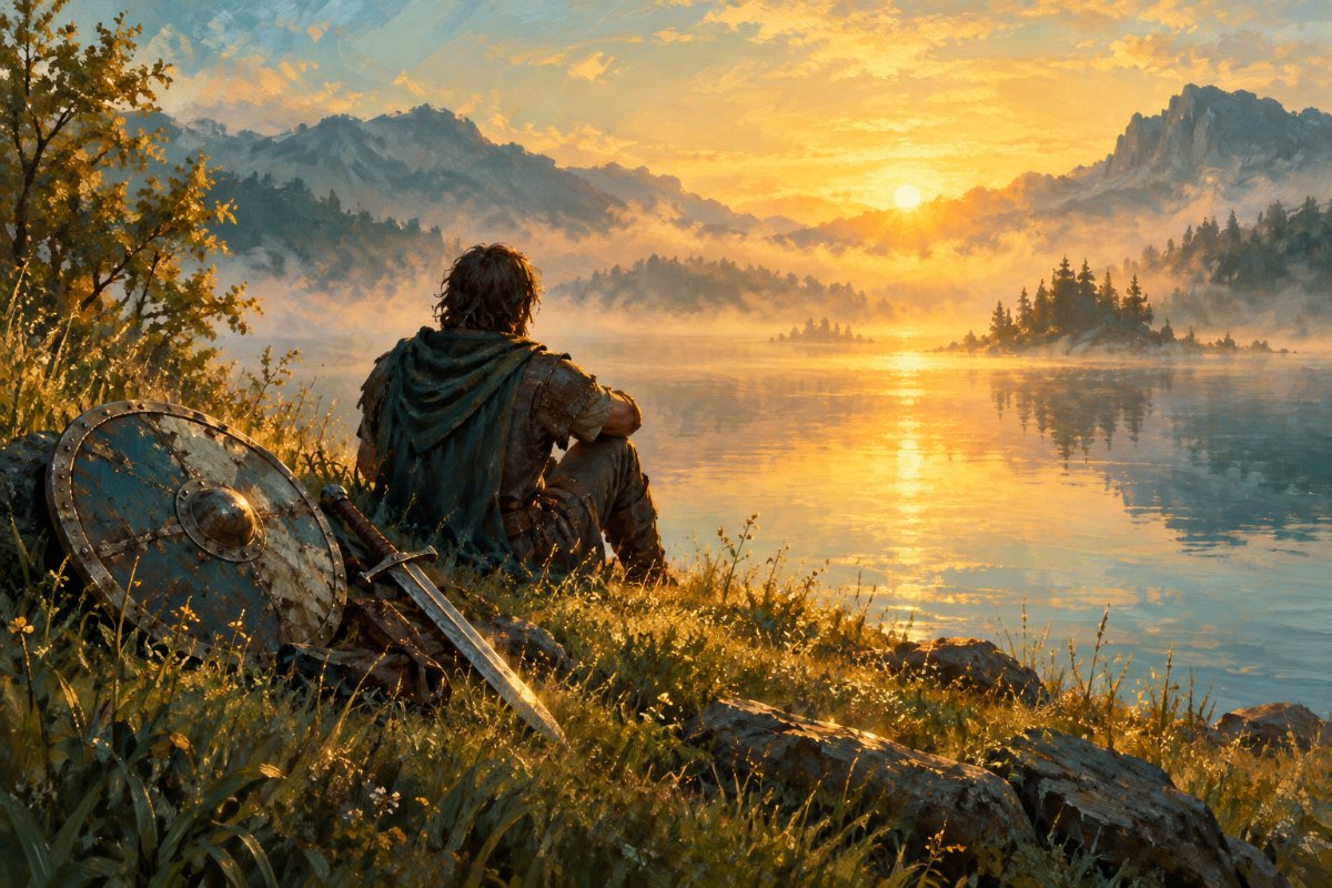 Gemaltes Bild: Ein Mensch sitzt im Morgenlicht an einem stillen See, Schild und Schwert liegen abgelegt neben ihm im Gras.