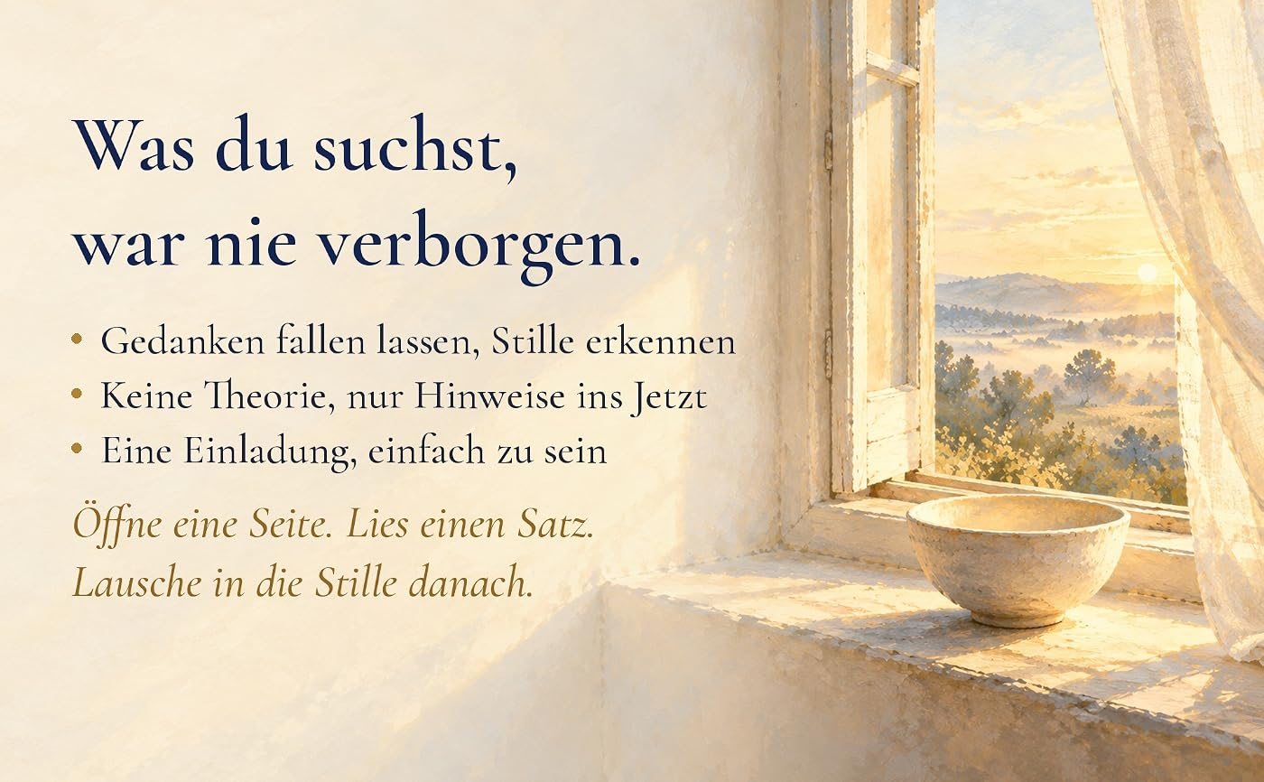 Gemaltes Bild: eine leere Schale auf einem Fenstersims im Morgenlicht, dazu der Text: Was du suchst, war nie verborgen. Gedanken fallen lassen, Stille erkennen. Keine Theorie, nur Hinweise ins Jetzt. Eine Einladung, einfach zu sein. Öffne eine Seite. Lies einen Satz. Lausche in die Stille danach.