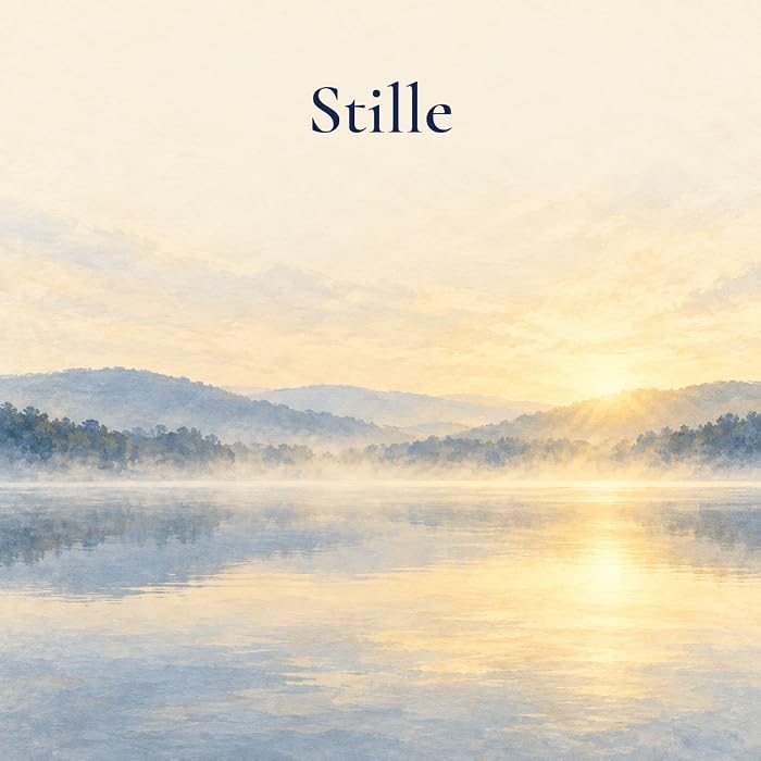 Gemaltes Bild: ein stiller See im Morgennebel, dahinter sanfte Hügel und die aufgehende Sonne, darüber der Text: Stille