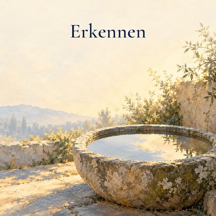 Gemaltes Bild: eine steinerne Wasserschale, in der sich der Himmel spiegelt, darüber der Text: Erkennen