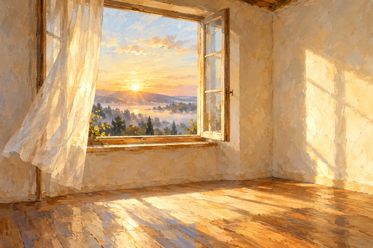 Gemaltes Bild: Ein leerer, heller Raum, durch ein offenes Fenster fällt warmes Morgenlicht auf einen schlichten Holzboden.