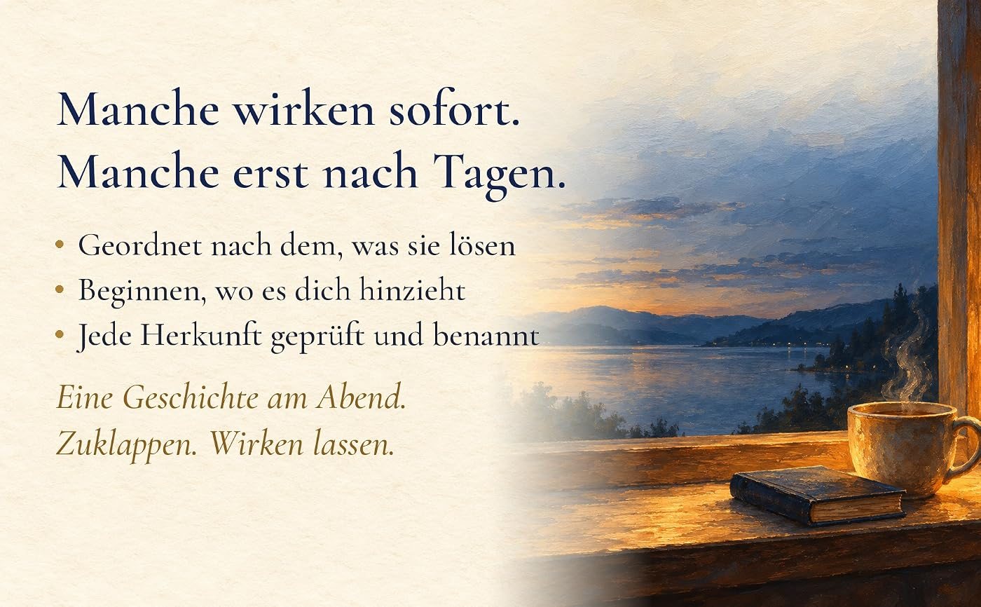 Gemaltes Bild: ein Buch und eine dampfende Tasse auf einer Fensterbank mit Blick auf einen See am Abend, dazu der Text: Manche wirken sofort. Manche erst nach Tagen. Geordnet nach dem, was sie lösen. Beginnen, wo es dich hinzieht. Jede Herkunft geprüft und benannt. Eine Geschichte am Abend. Zuklappen. Wirken lassen.