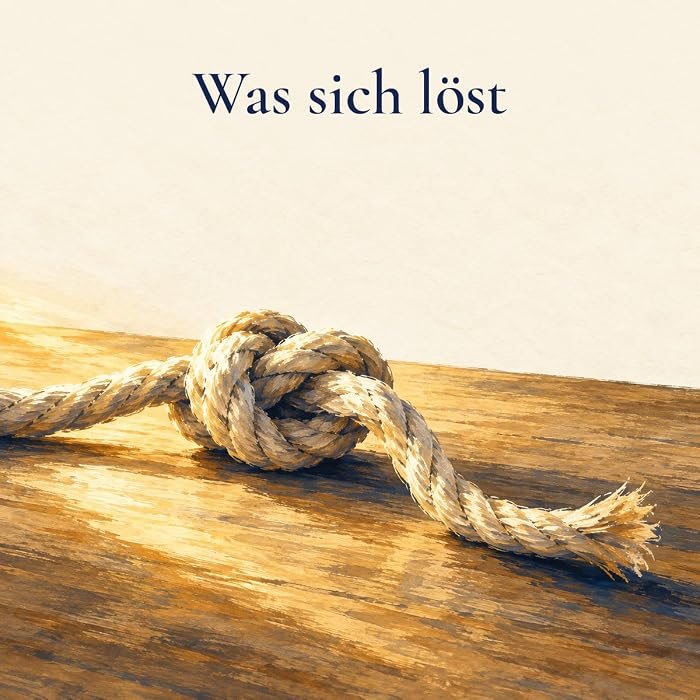 Gemaltes Bild: ein Knoten in einem Seil auf einem Holztisch im warmen Licht, darüber der Text: Was sich löst