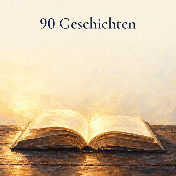 Gemaltes Bild: ein aufgeschlagenes Buch auf einem Holztisch, aus dem goldenes Licht aufsteigt, darüber der Text: 90 Geschichten
