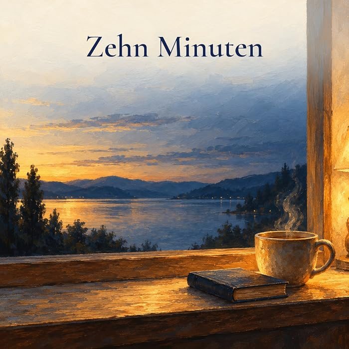 Gemaltes Bild: ein kleines Buch und eine dampfende Tasse auf einer Fensterbank, draußen ein See in der Abenddämmerung, darüber der Text: Zehn Minuten