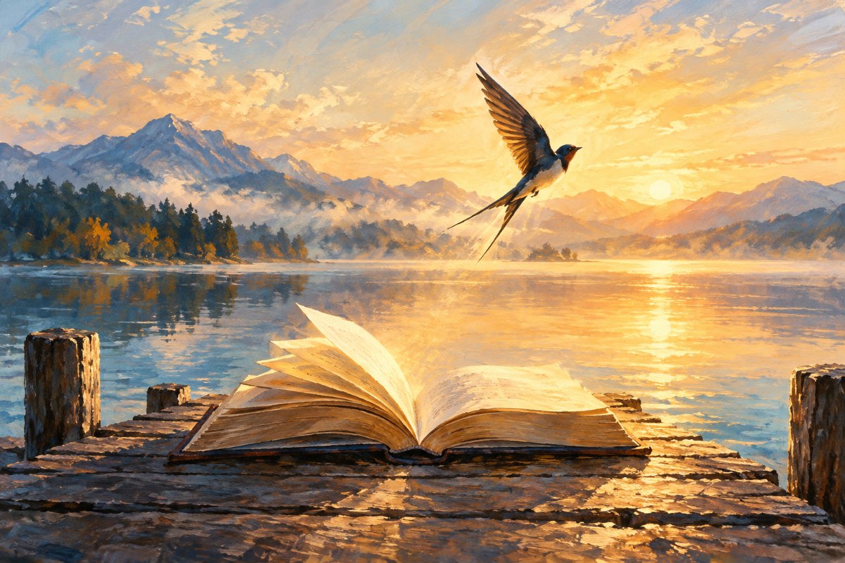 Gemaltes Bild: Eine Schwalbe fliegt im Morgenlicht über einen stillen See, auf einem hölzernen Steg liegt ein aufgeschlagenes Buch.
