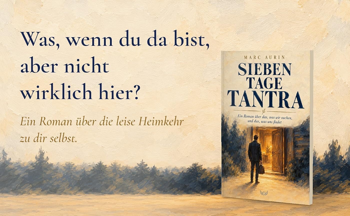 Das Buch Sieben Tage Tantra vor einem gemalten Waldrand, dazu der Text: Was, wenn du da bist, aber nicht wirklich hier? Ein Roman über die leise Heimkehr zu dir selbst.