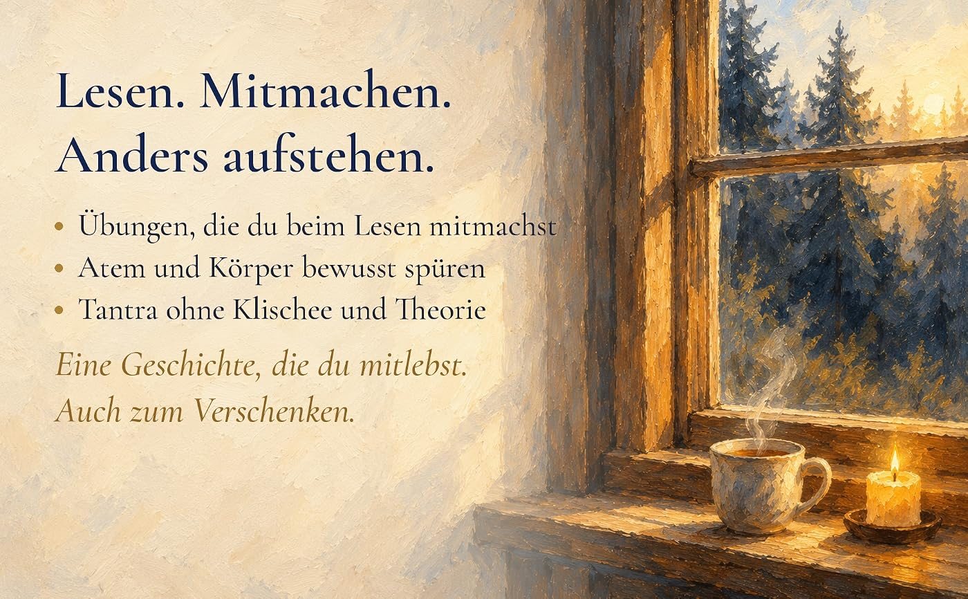 Eine dampfende Tasse und eine Kerze auf der Fensterbank vor einem Wald, dazu der Text: Lesen. Mitmachen. Anders aufstehen. Übungen, die du beim Lesen mitmachst. Atem und Körper bewusst spüren. Tantra ohne Klischee und Theorie. Eine Geschichte, die du mitlebst. Auch zum Verschenken.