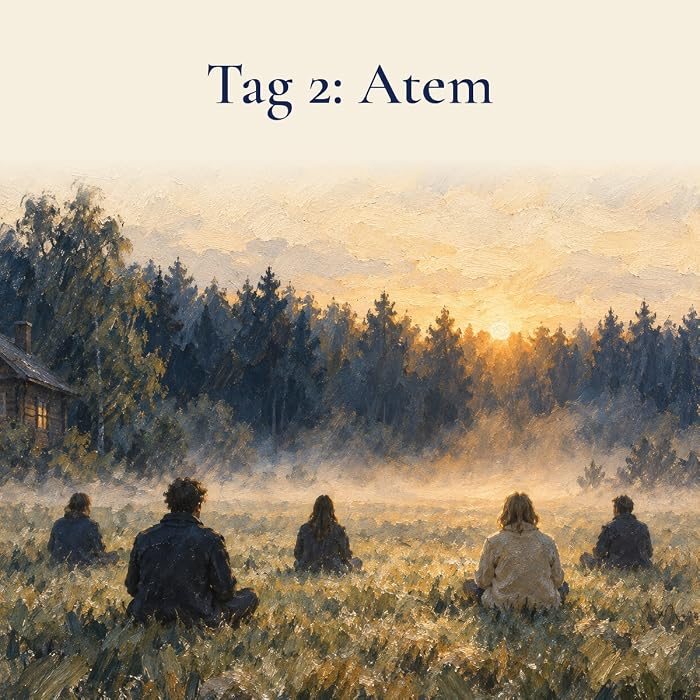 Gemaltes Bild: Sechs Menschen sitzen im Morgennebel auf einer Wiese am Waldrand, vor ihnen geht die Sonne auf.