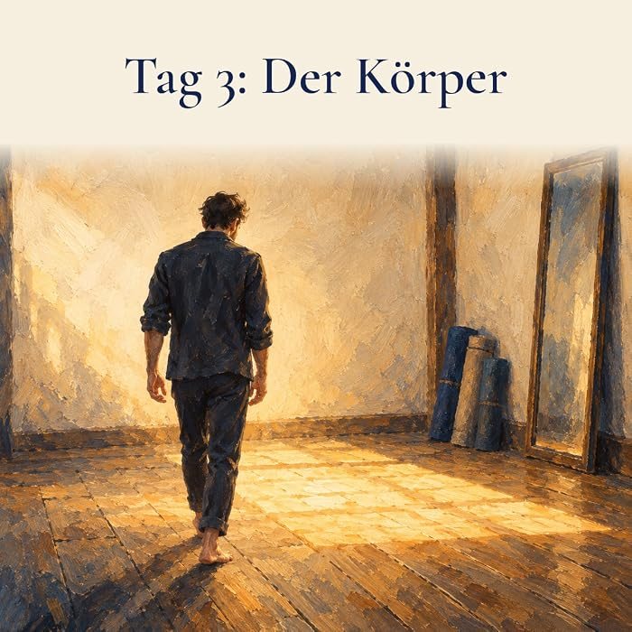 Gemaltes Bild: Ein barfüßiger Mann geht langsam durch einen leeren, sonnigen Raum mit Holzboden, an der Wand lehnen Matten und ein Spiegel.