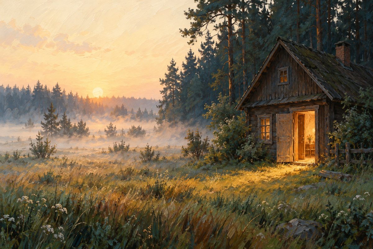 Gemaltes Bild: Ein altes Holzhaus am Rand eines Kiefernwaldes im Morgennebel, durch die offene Tür fällt warmes Licht auf die Wiese.
