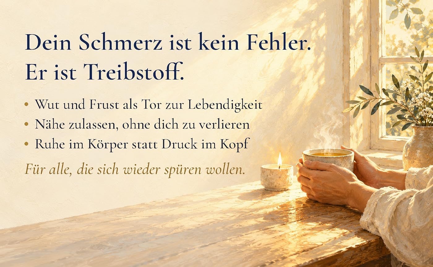 Hände halten eine dampfende Tasse Tee an einem sonnigen Fenster, daneben eine Kerze, dazu der Text: Dein Schmerz ist kein Fehler. Er ist Treibstoff. Wut und Frust als Tor zur Lebendigkeit. Nähe zulassen, ohne dich zu verlieren. Ruhe im Körper statt Druck im Kopf. Für alle, die sich wieder spüren wollen.
