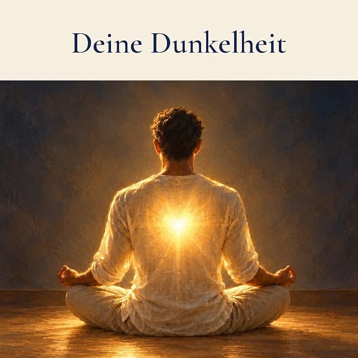 Gemaltes Bild: Ein Mann sitzt von hinten gesehen in Meditationshaltung vor einer dunklen Wand, in seiner Brust leuchtet ein warmes Licht. Darüber der Schriftzug: Deine Dunkelheit.