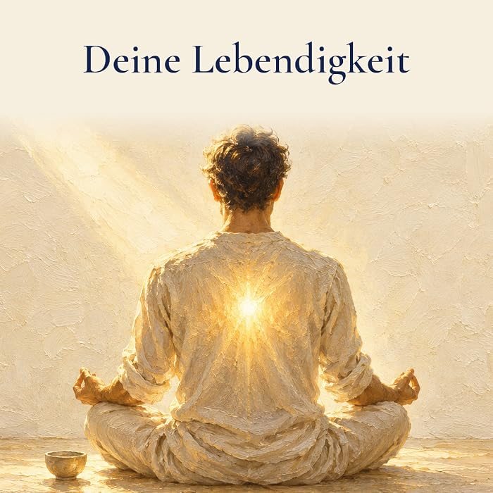 Gemaltes Bild: Ein Mann sitzt von hinten gesehen in Meditationshaltung in hellem Sonnenlicht, aus seiner Brust strahlt Licht. Darüber der Schriftzug: Deine Lebendigkeit.