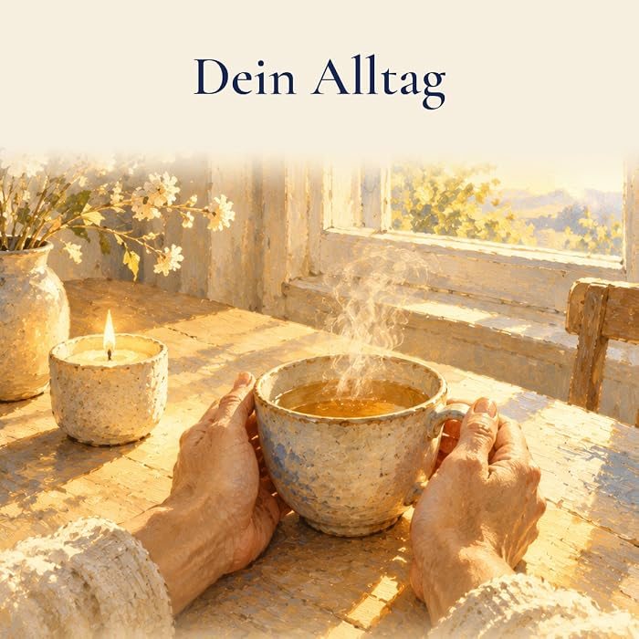 Gemaltes Bild: Zwei Hände umfassen eine dampfende Tasse Tee auf einem sonnigen Holztisch, daneben eine Kerze und ein Blumenstrauß. Darüber der Schriftzug: Dein Alltag.