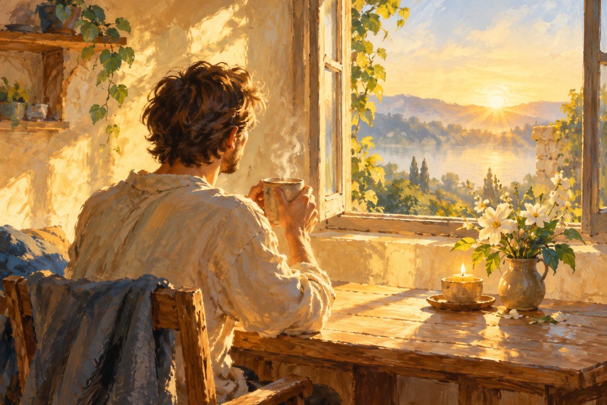 Gemaltes Bild: Ein Mensch sitzt im warmen Morgenlicht an einem Holztisch am offenen Fenster und hält eine dampfende Tasse Tee mit beiden Händen.