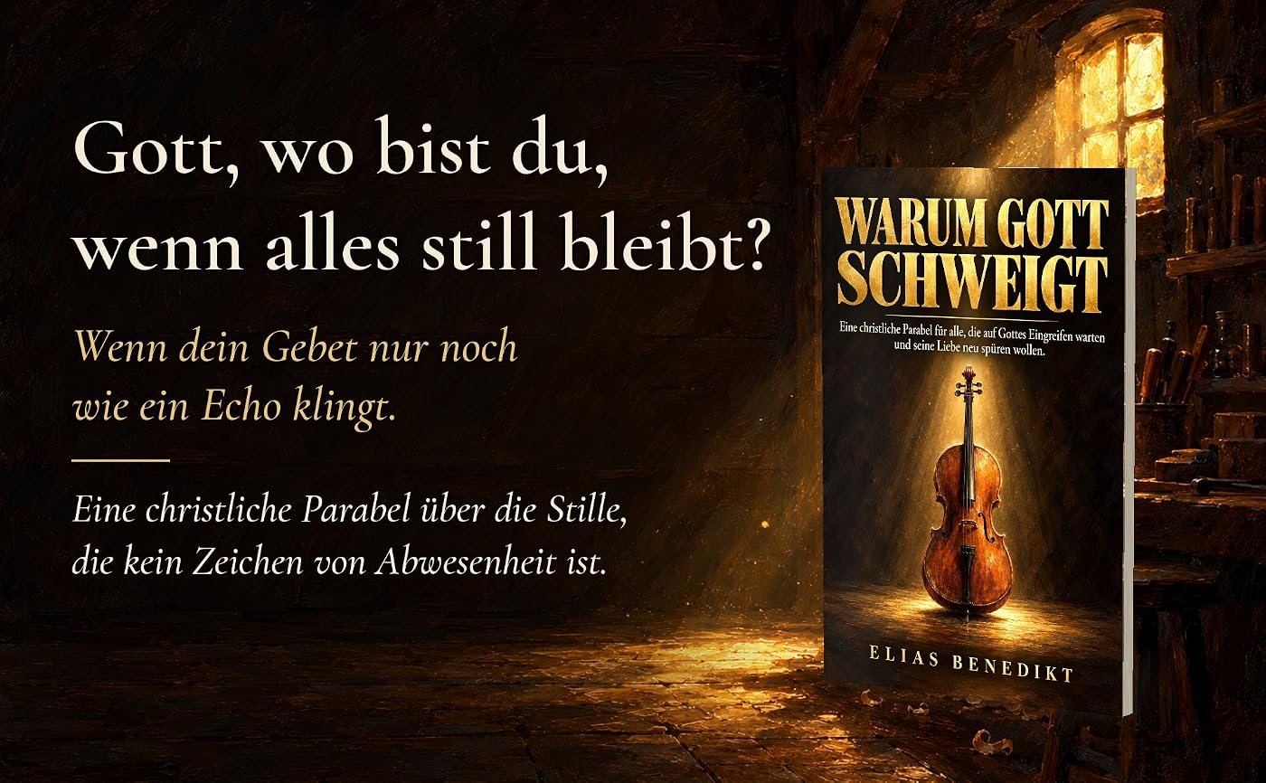Das Buch Warum Gott schweigt in einer dunklen Werkstatt mit dem Text: Gott, wo bist du, wenn alles still bleibt? Wenn dein Gebet nur noch wie ein Echo klingt. Eine christliche Parabel über die Stille, die kein Zeichen von Abwesenheit ist.