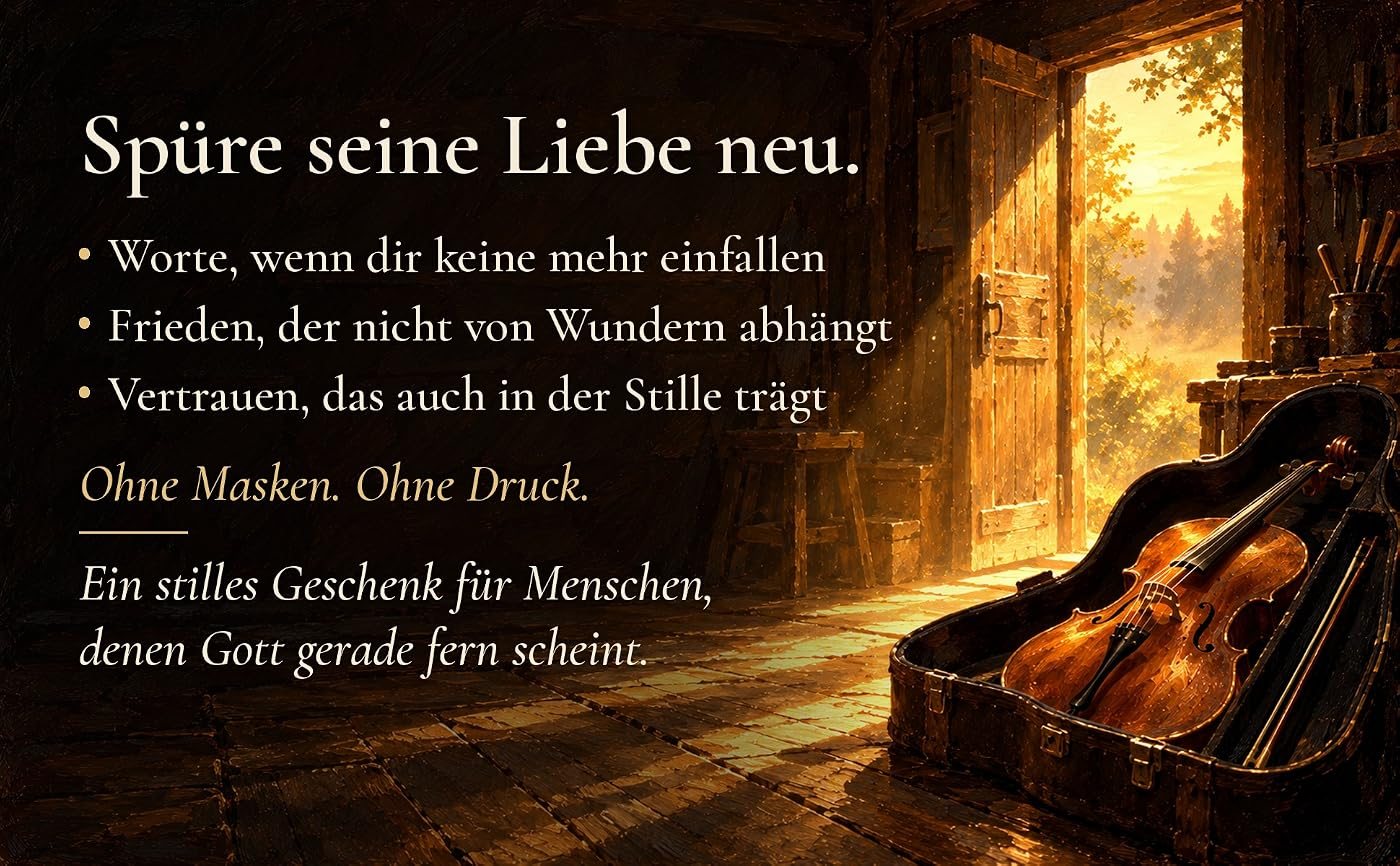 Ein Cello in einem offenen Koffer vor einer Werkstatttür, durch die Sonnenlicht fällt, dazu der Text: Spüre seine Liebe neu. Worte, wenn dir keine mehr einfallen. Frieden, der nicht von Wundern abhängt. Vertrauen, das auch in der Stille trägt. Ohne Masken. Ohne Druck. Ein stilles Geschenk für Menschen, denen Gott gerade fern scheint.