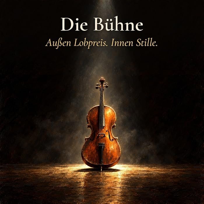 Gemaltes Bild: ein einzelnes Cello im Lichtkegel auf einer dunklen Bühne, dazu der Text: Die Bühne. Außen Lobpreis. Innen Stille.