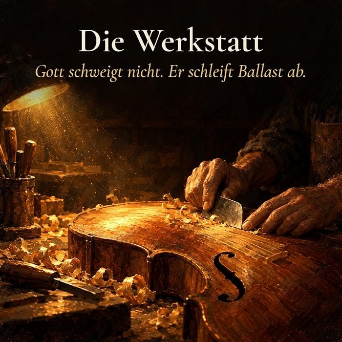 Gemaltes Bild: alte Hände schaben mit einer Klinge an einem Instrumentenkorpus, Holzspäne liegen auf der Werkbank, dazu der Text: Die Werkstatt. Gott schweigt nicht. Er schleift Ballast ab.