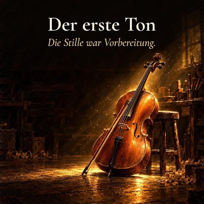 Gemaltes Bild: ein Cello mit Bogen lehnt im Lichtstrahl an einem Hocker in der Werkstatt, dazu der Text: Der erste Ton. Die Stille war Vorbereitung.
