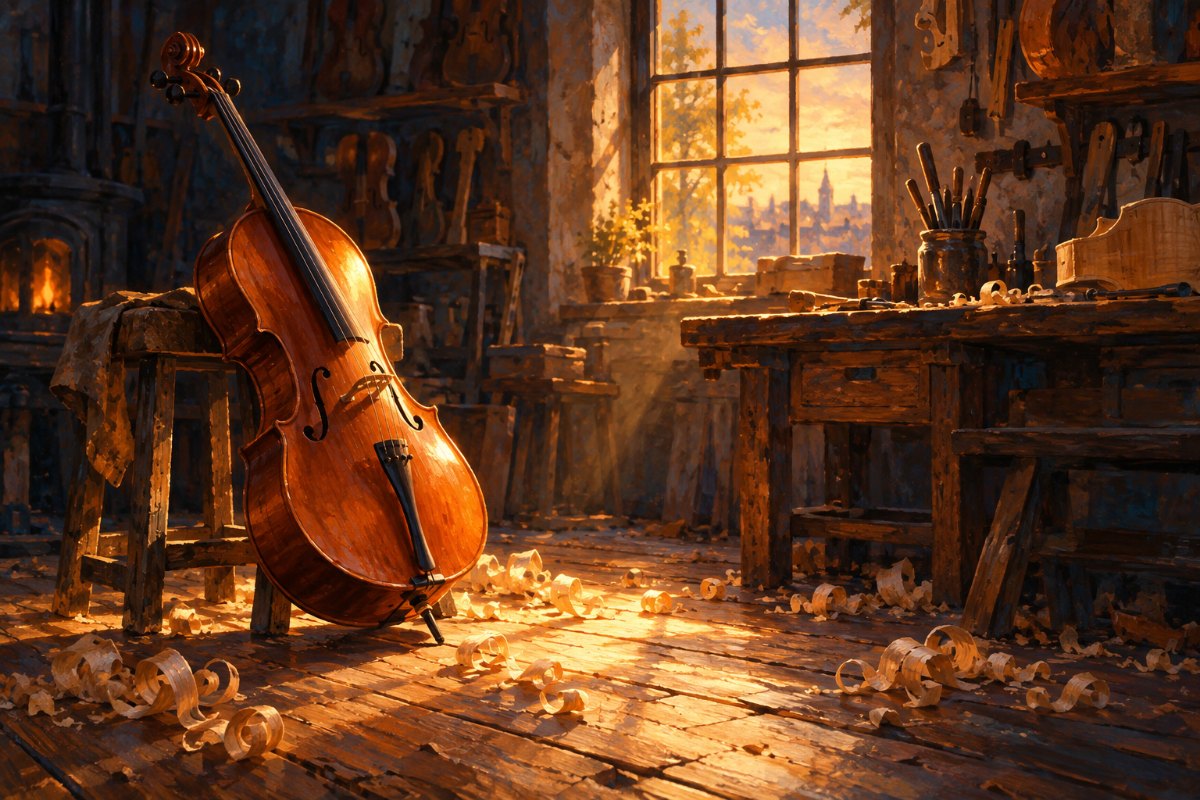 Gemaltes Bild: Ein Cello lehnt in einer dunklen Geigenbauwerkstatt an einem Hocker, durch das Fenster fällt warmes Licht auf Holzspäne am Boden.