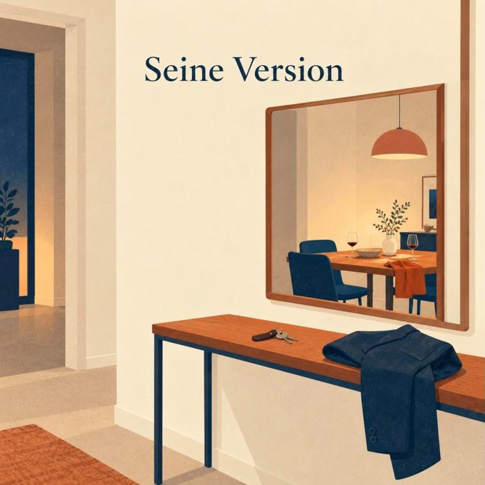 Gemaltes Bild mit dem Text Seine Version: ein Flur mit großem Spiegel, darin ein warm beleuchteter, gedeckter Esstisch mit zwei Gläsern, davor auf einer schmalen Konsole ein Schlüsselbund und ein zusammengelegtes Sakko.